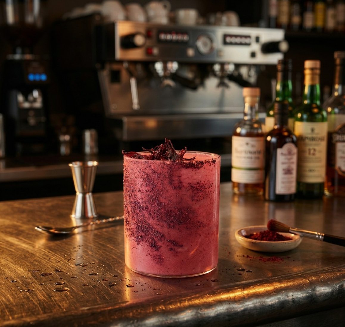 Un cocktail givré posé sur le comptoir du bar, devant la machine à café