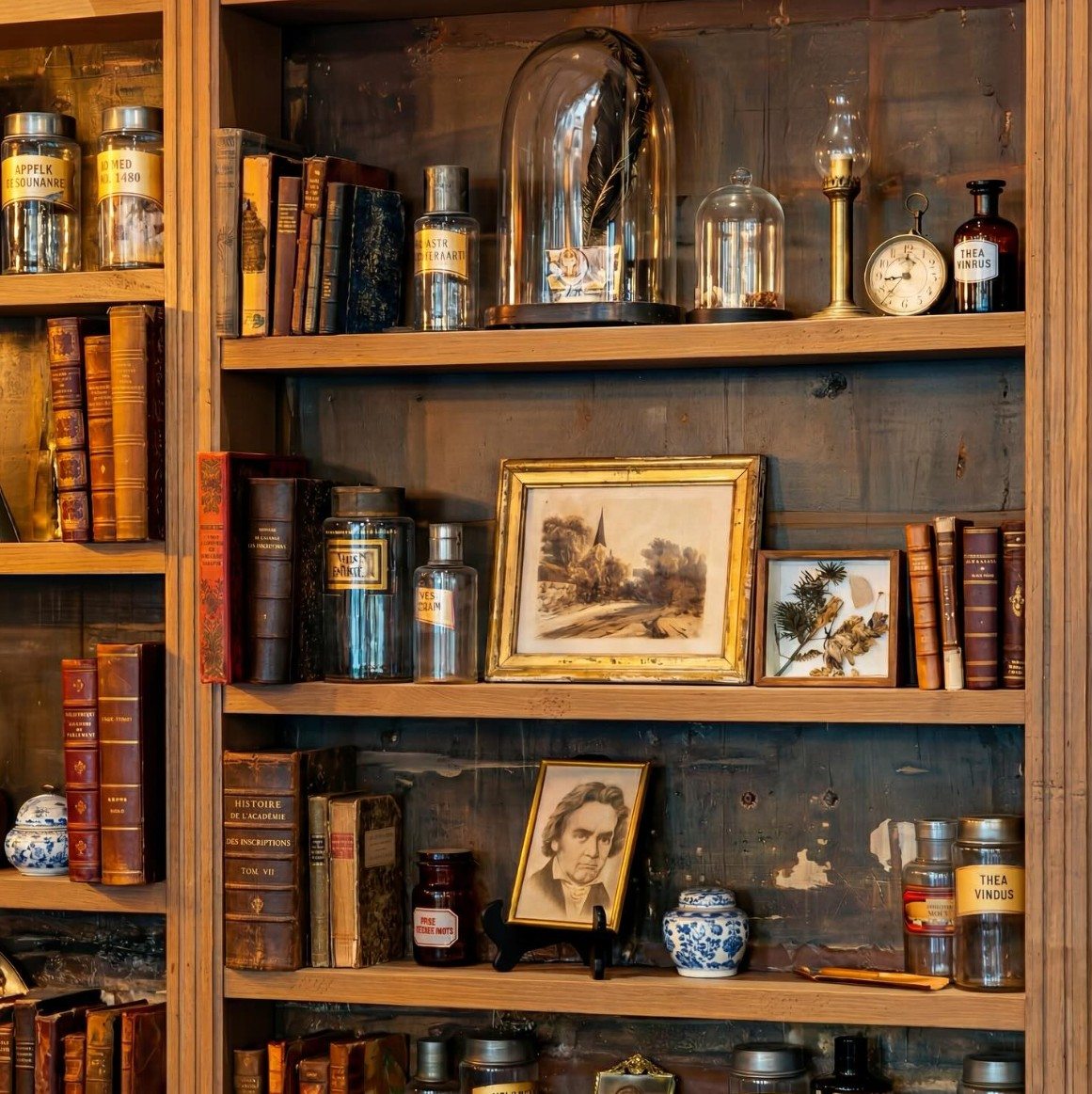 Sur les rayonnages : livres anciens, cloche de verre, gravures encadrées et bocaux d'apothicaire