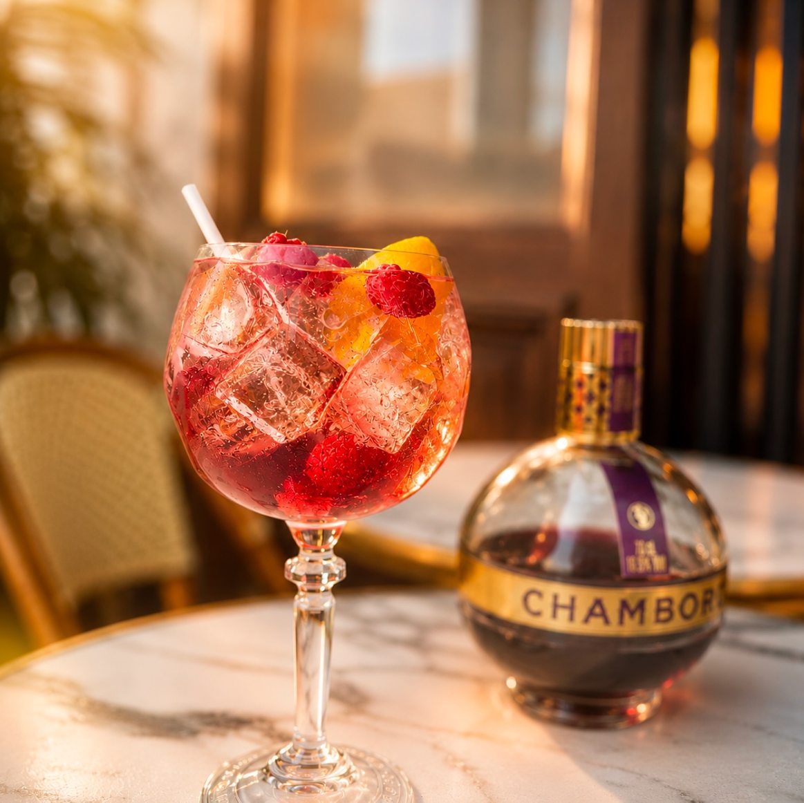 Un cocktail aux framboises servi dans un verre ballon sur une table en marbre, au soleil couchant
