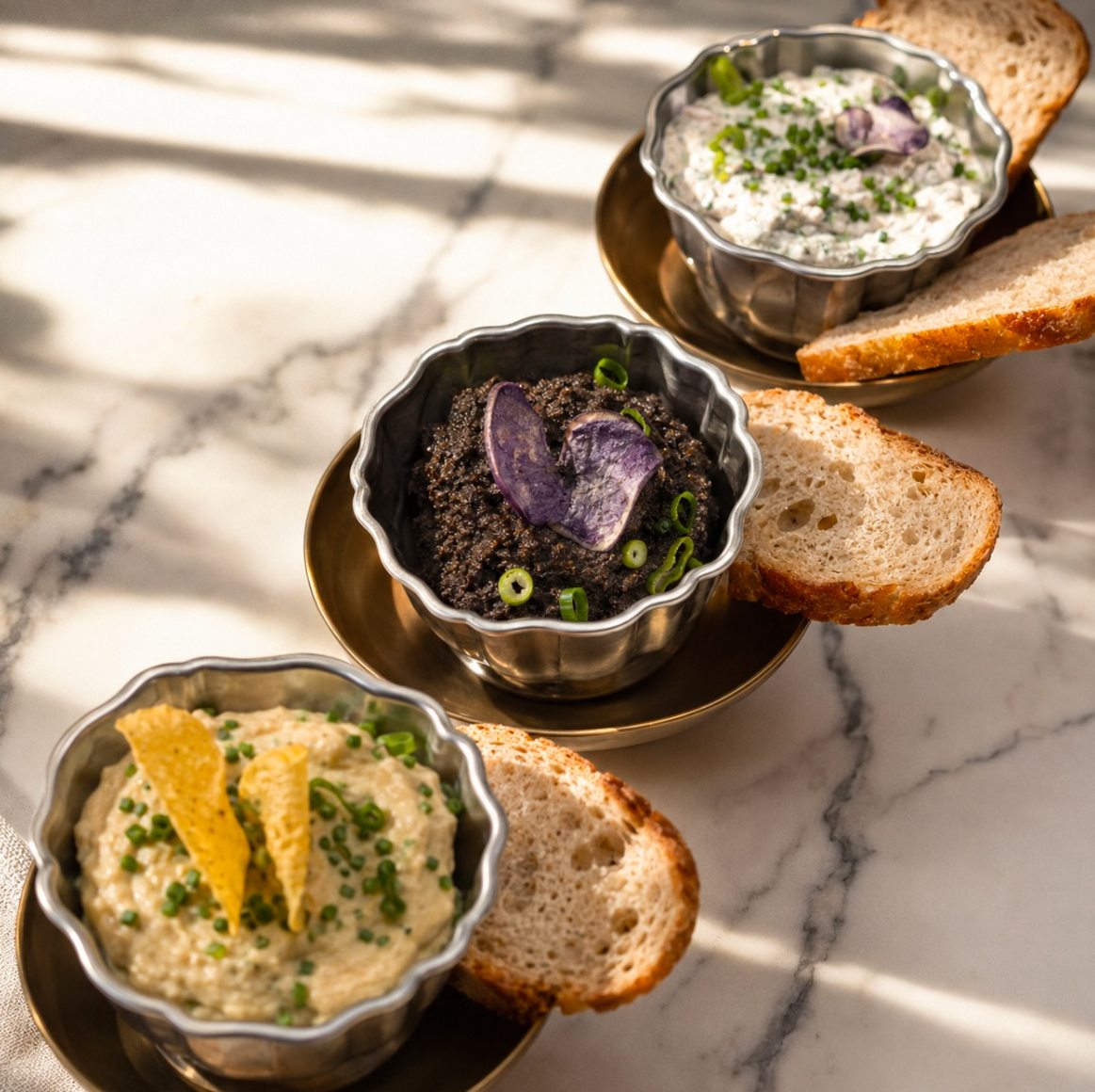 Trois tartinades maison dans des coupelles en inox, tapenade, rillettes et houmous, avec du pain grillé sur un marbre