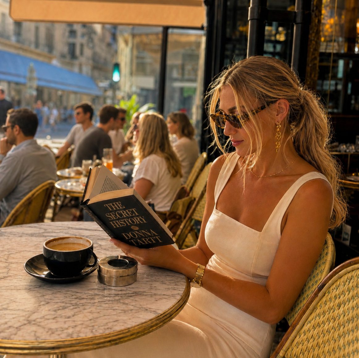 Une cliente lit un roman en terrasse, un café posé sur le guéridon en marbre, la rue Saint-Honoré en fond